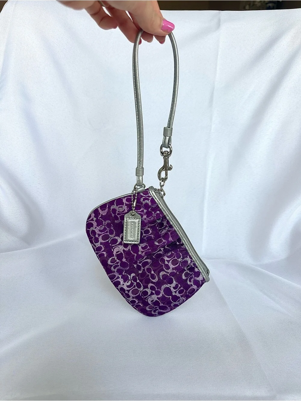 Coach Vintage Metallic Jacquard Wristlet in Purple with Silver Hardware